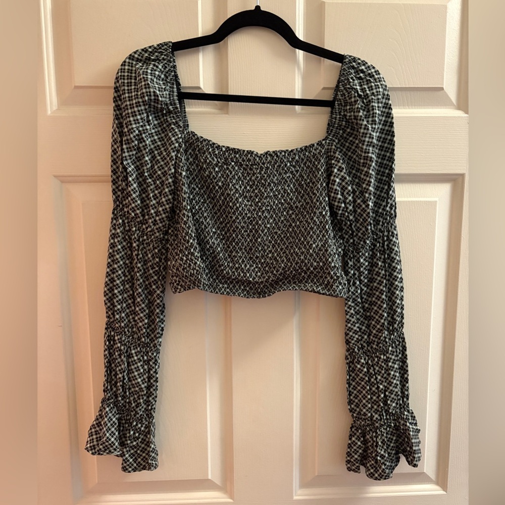 Motel Rocks Velina Long Sleeve Smocked Crop Cropped Top Check Checkered Square L